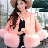 Pink Faux Shearling Fur Korean Pure Sheepskin Leather Jacket For Women