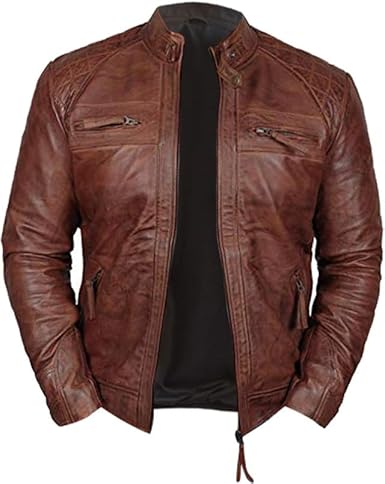 Distressed Brown Cafe Racer Genuine Sheepskin Leather Jacket For Men