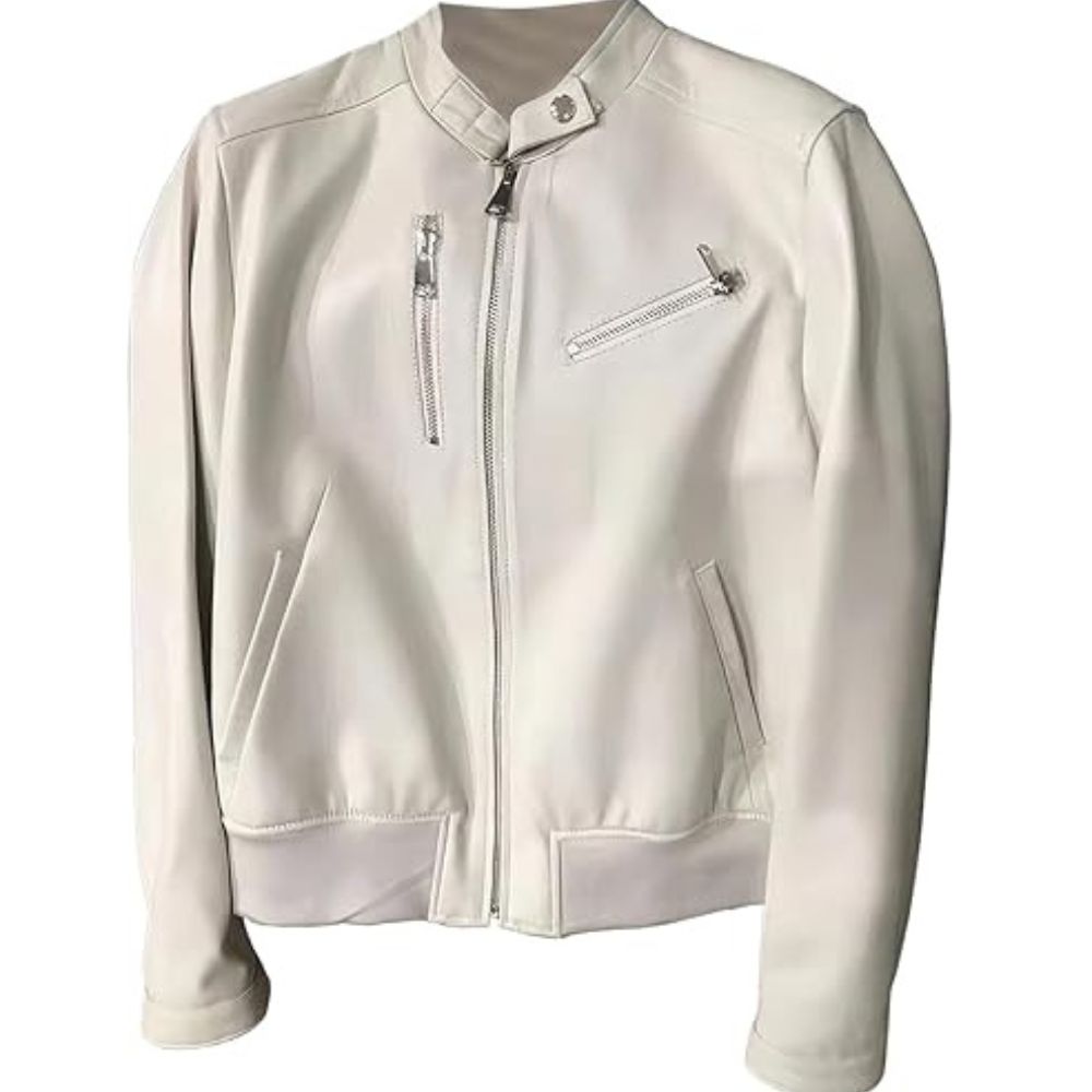 Winter Chic White Bomber Premium Sheepskin Leather Jacket For Women