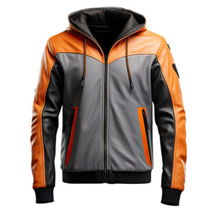 Winter Grey Orange Hooded Pure Sheepskin Leather Bomber Jacket For Men