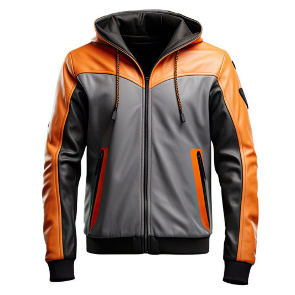 Winter Grey Orange Hooded Pure Sheepskin Leather Bomber Jacket For Men