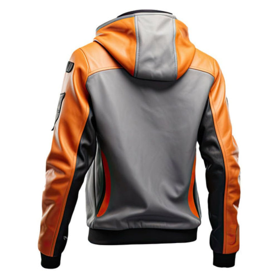 Winter Grey Orange Hooded Pure Sheepskin Leather Bomber Jacket For Men