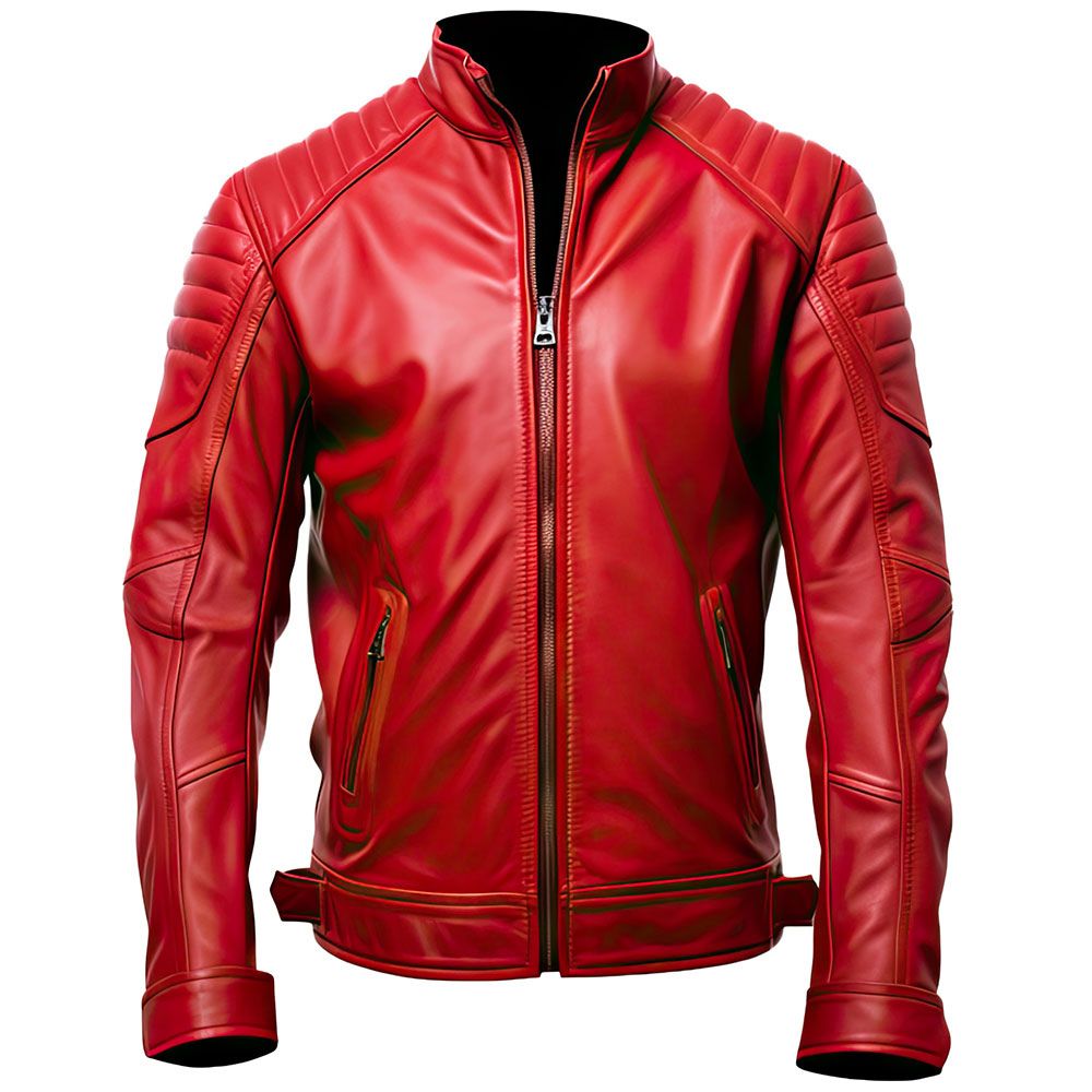 Winter Red Moto-Retro Quilted Premium Sheepskin Leather Jacket For Men