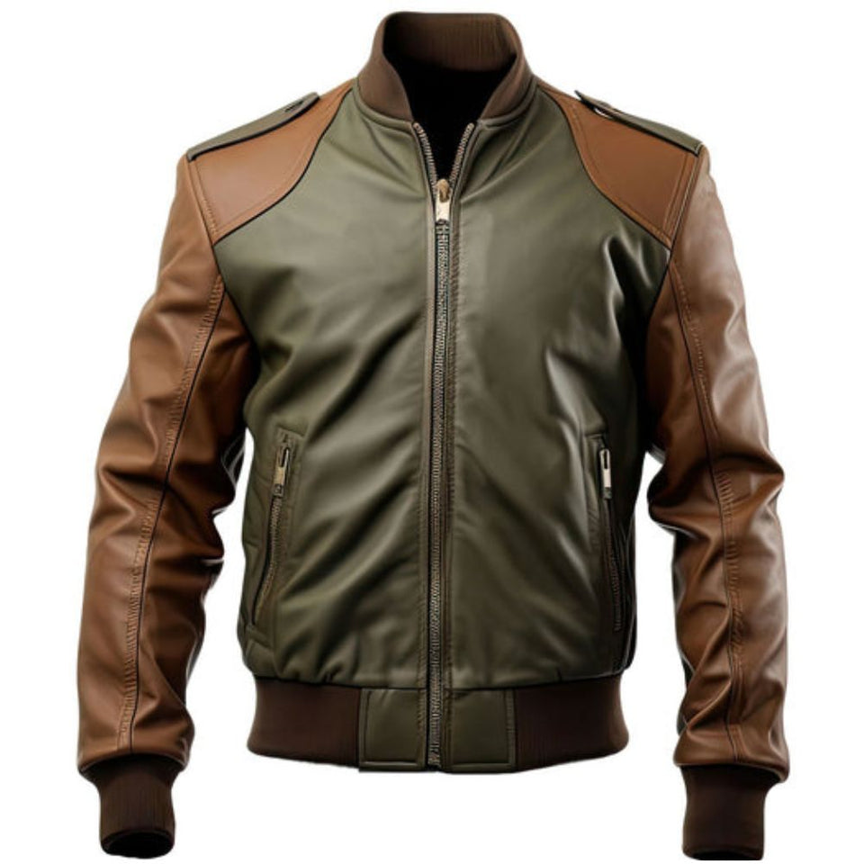 Winter Olive Green Brown Bomber Pure Sheepskin Leather Jacket For Men