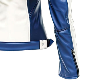 Classic Blue White Motorcycle Pure Sheepskin leather jacket For Women