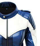 Classic Blue White Motorcycle Pure Sheepskin leather jacket For Women