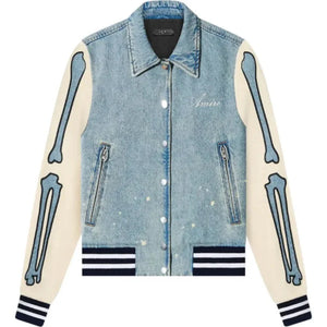 Winter Unisex Blue Amiri Bones Outerwear Pure Denim Jacket For Men