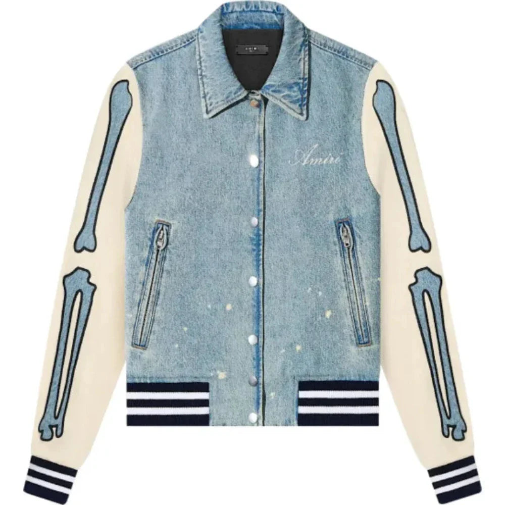 Winter Unisex Blue Amiri Bones Outerwear Pure Denim Jacket For Men