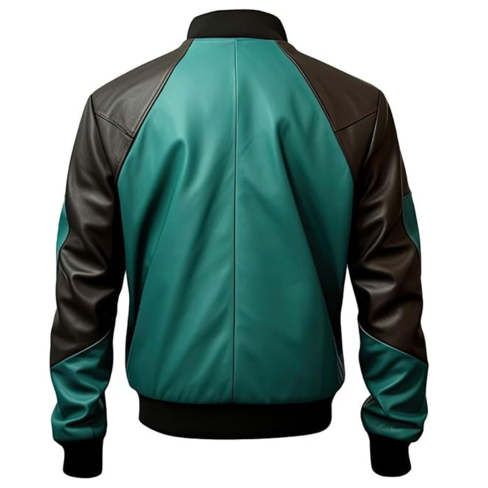 Persian Green Black Genuine Sheepskin Bomber Leather Jacket For Men