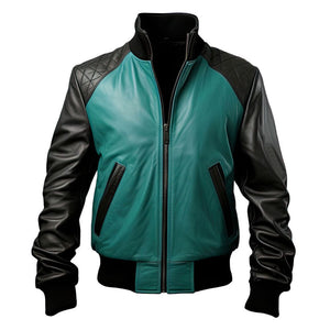 Persian Green Black Genuine Sheepskin Bomber Leather Jacket For Men