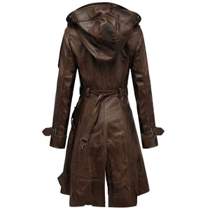 Brown Vintage Hooded Long Premium Sheepskin Leather Coat For women