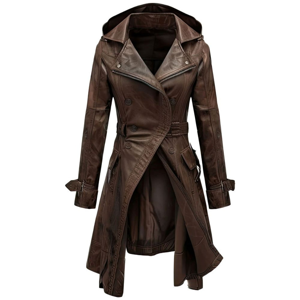 Brown Vintage Hooded Long Premium Sheepskin Leather Coat For women