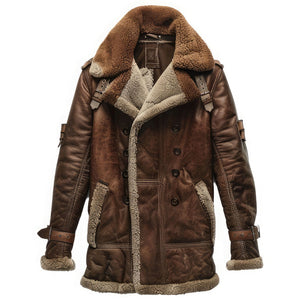 Classic Brown Faux-Shearling Genuine Sheepskin Leather Coat For Men