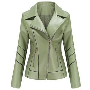 Green Genuine Sheepskin Stylish Moto Biker Leather Jacket For Women