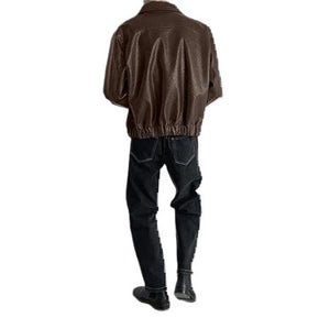 Classic Brown Oversized Genuine Sheepskin Shirt Collar Leather Jacket For Men