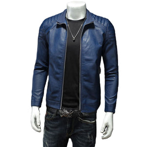 Blue Quilted Motorcycle Genuine Sheepskin Biker Leather Jacket For Men