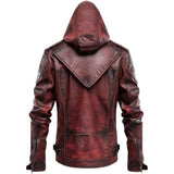 Distressed Red Genuine Sheepskin Hooded Biker Leather Jacket For Men