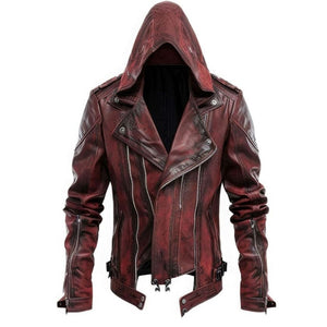 Distressed Red Genuine Sheepskin Hooded Biker Leather Jacket For Men