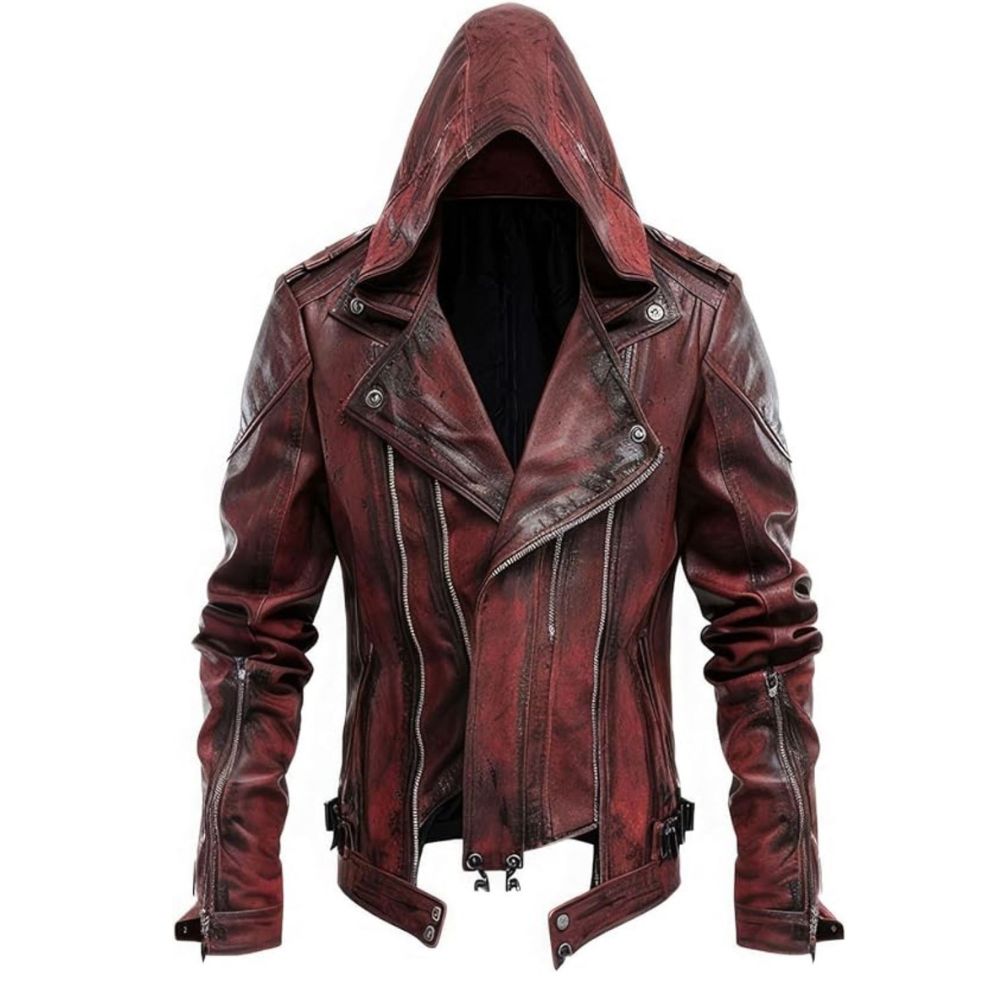 Distressed Red Genuine Sheepskin Hooded Biker Leather Jacket For Men