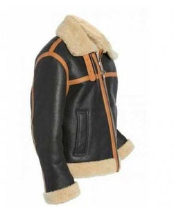 Unisex Black Bomber Shearling-Lined Sheepskin Leather Jacket For Men