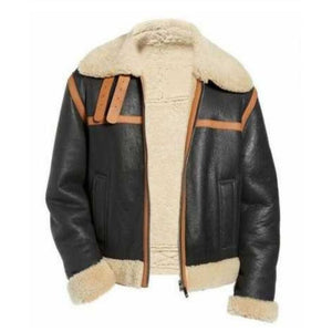 Unisex Black Bomber Shearling-Lined Sheepskin Leather Jacket For Men