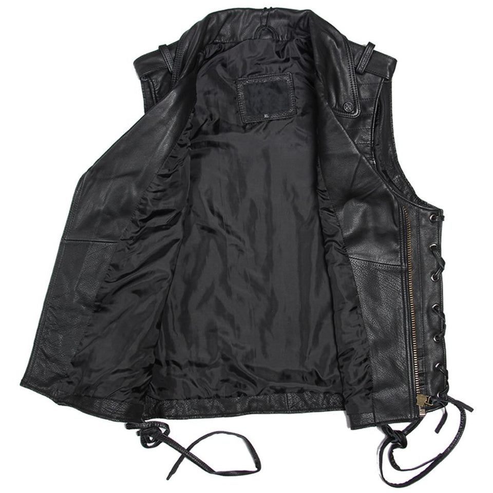 Vintage Retro Black Motorcycle Genuine Cowhide Leather Vest For Men