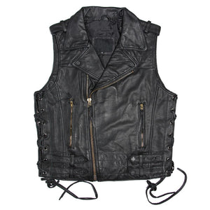 Vintage Retro Black Motorcycle Genuine Cowhide Leather Vest For Men