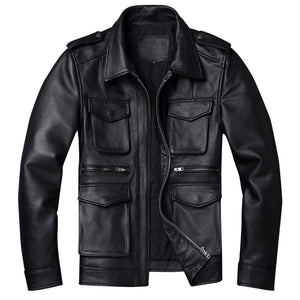 Winter Retro Black Motorcycle Genuine Cowhide Leather Jacket For Men