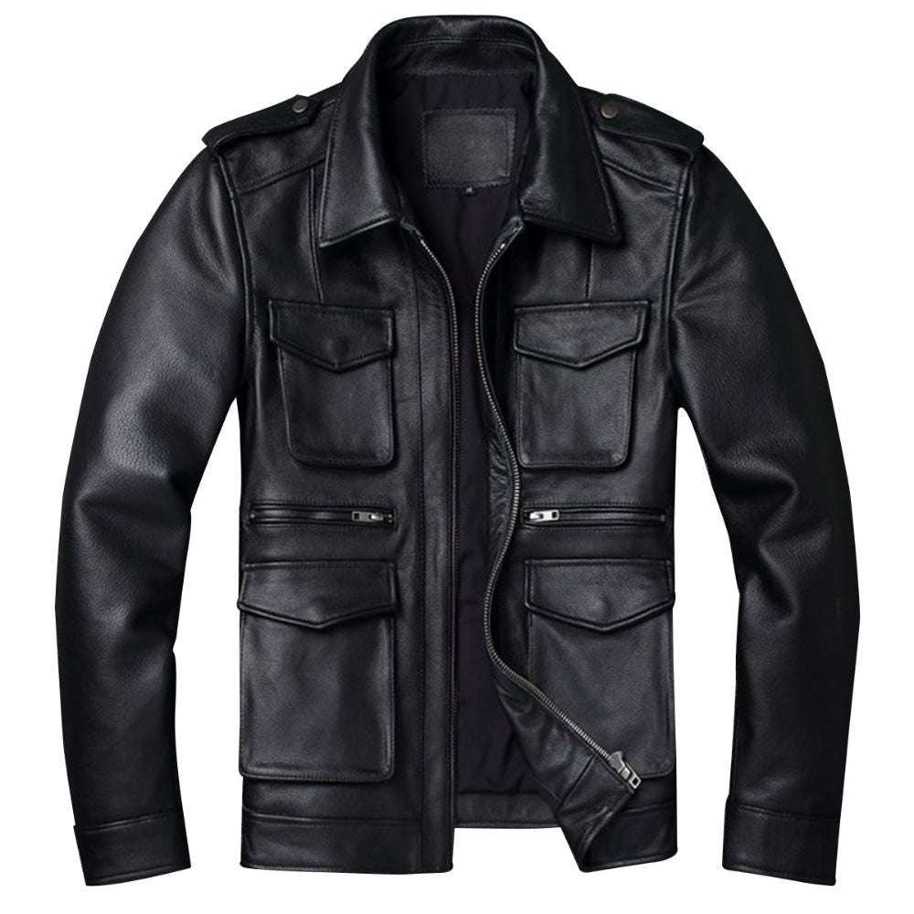 Winter Retro Black Motorcycle Genuine Cowhide Leather Jacket For Men