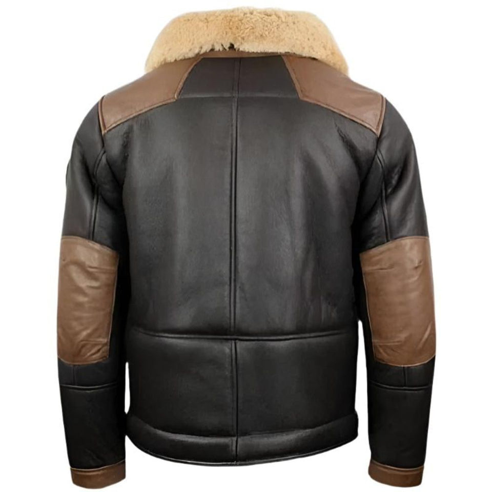 Black Genuine Sheepskin Shearling Lined Bomber Leather Jacket For Men