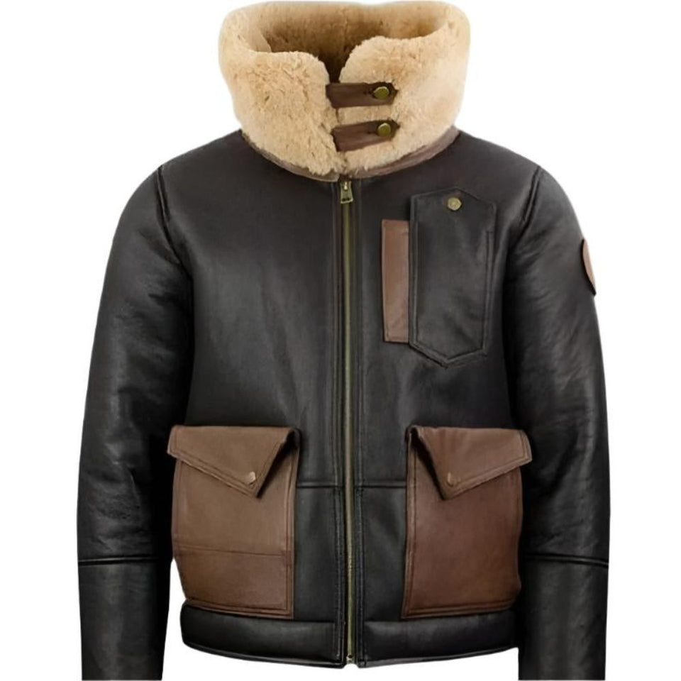 Black Genuine Sheepskin Shearling Lined Bomber Leather Jacket For Men