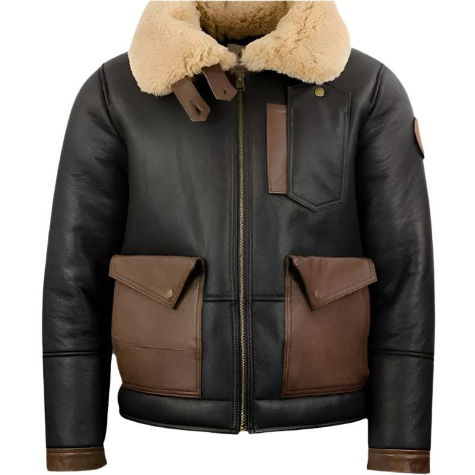 Black Genuine Sheepskin Shearling Lined Bomber Leather Jacket For Men