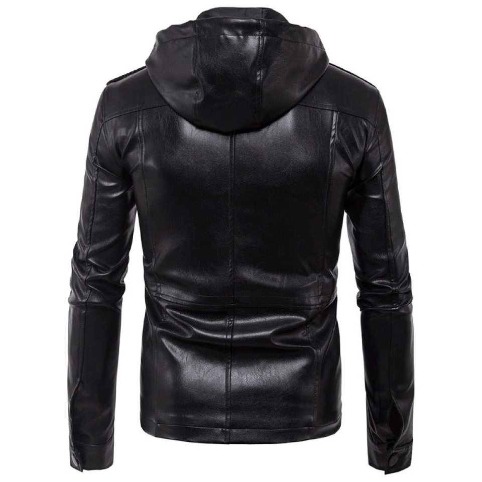 Solid Black Military Detachable Hoodie Lambskin Leather Jacket For Men