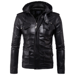 Solid Black Military Detachable Hoodie Lambskin Leather Jacket For Men