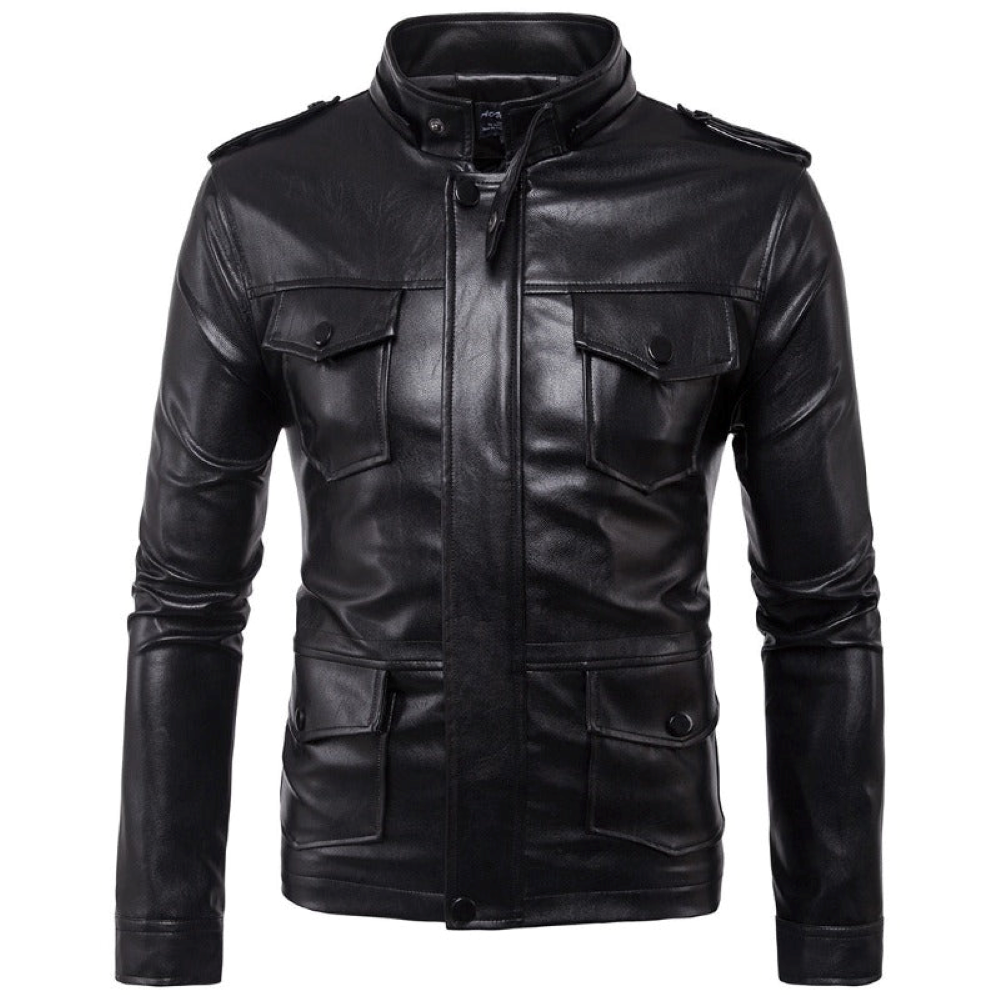 Solid Black Military Detachable Hoodie Lambskin Leather Jacket For Men