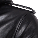 Solid Black Military Detachable Hoodie Lambskin Leather Jacket For Men