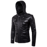 Solid Black Military Detachable Hoodie Lambskin Leather Jacket For Men