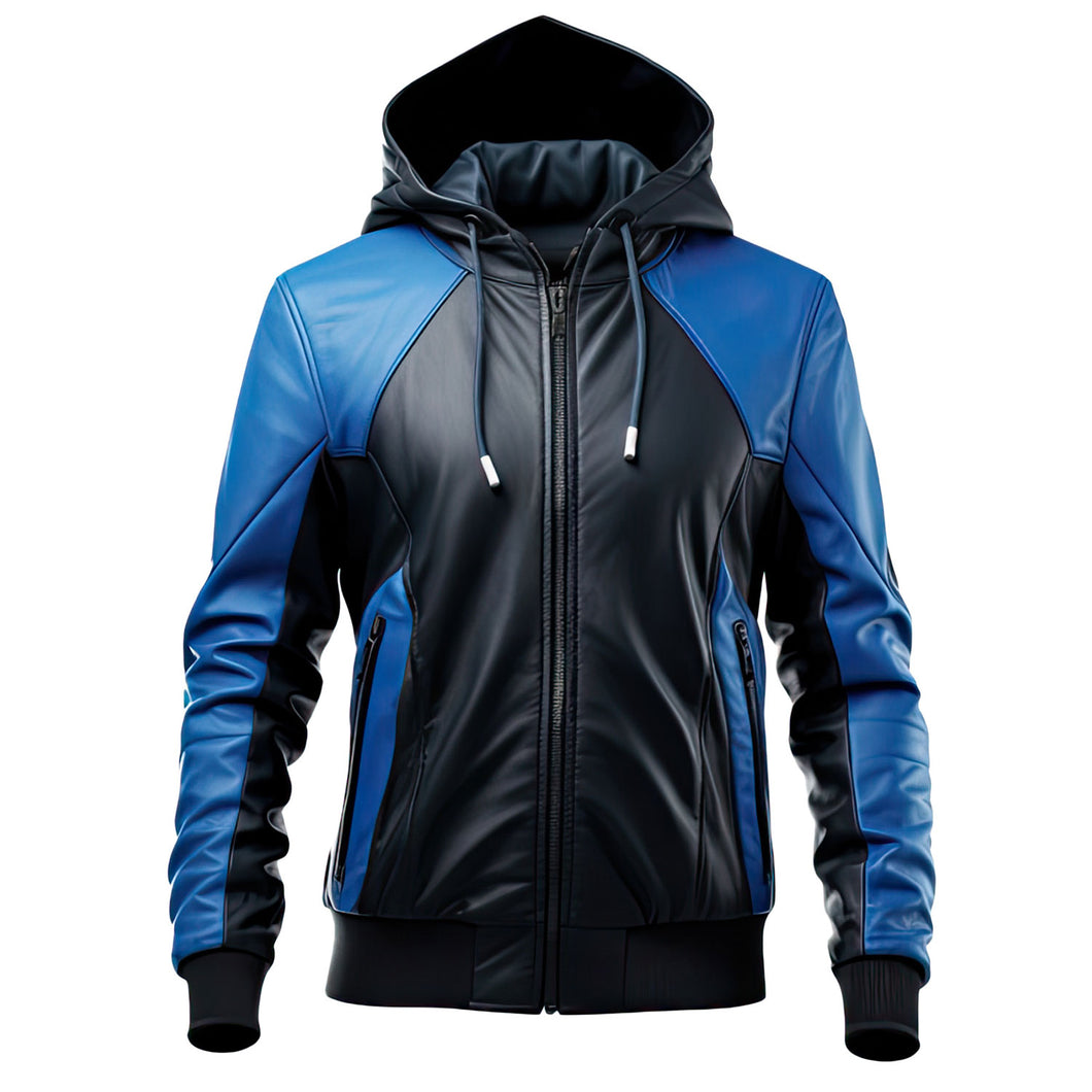 Blue Genuine Sheepskin Hooded Rib Knit Slim-Fit Leather Jacket For Men