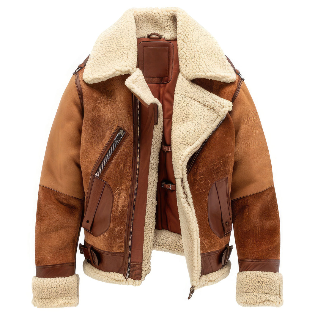 Winter Brown Genuine Suede Shearling Aviator Leather Jacket For Men