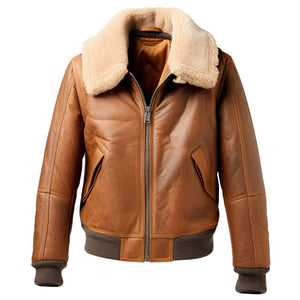 Brown Faux Shearling Fur Bomber Pure Sheepskin Leather Jacket For Men