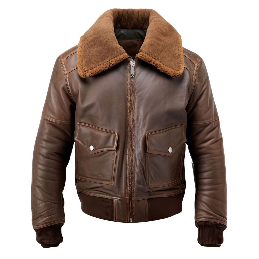 Winter Brown Motorcycle Genuine Sheepskin Bomber Leather Jacket For Men