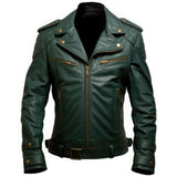 Green Genuine Sheepskin Notched Collar Rider Leather Jacket For Men