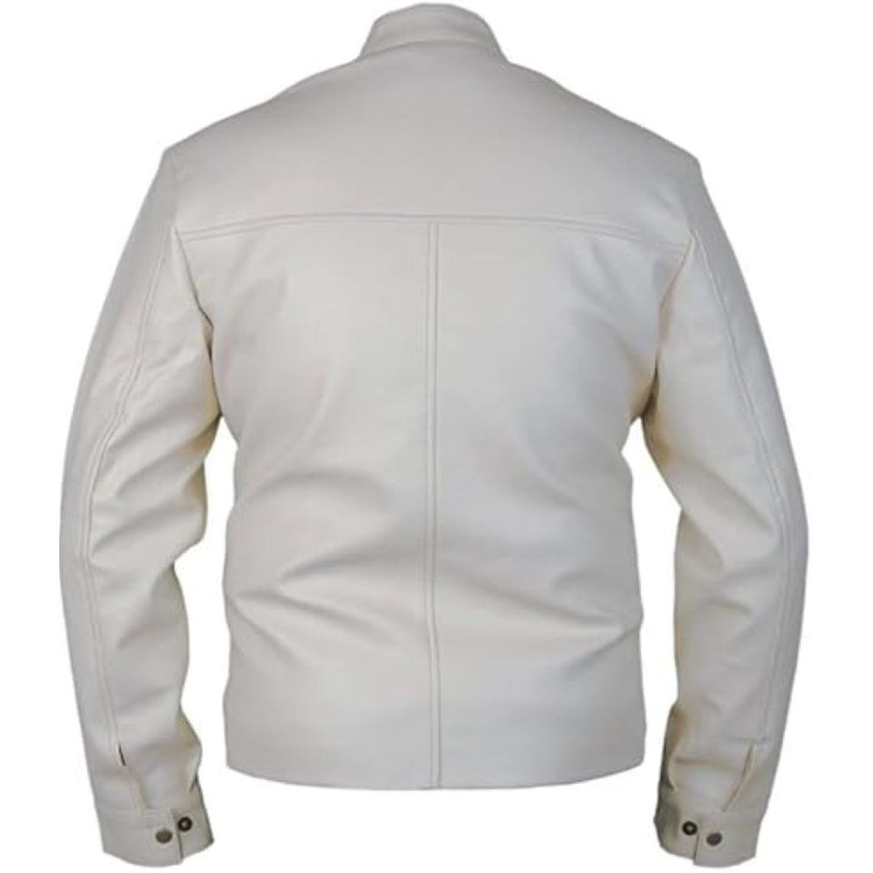 Off-White Blue-Stripe Pure Sheepskin Leather Motorcycle Jacket For Men