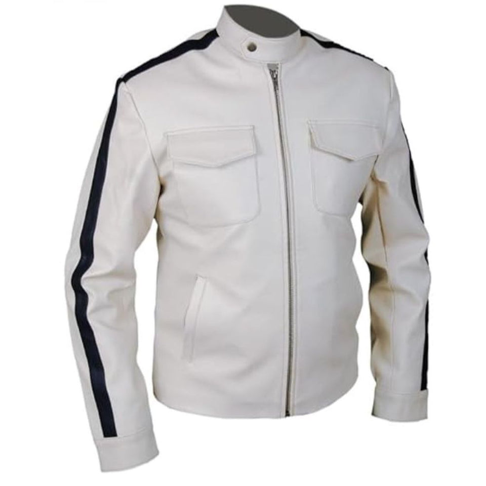 Off-White Blue-Stripe Pure Sheepskin Leather Motorcycle Jacket For Men