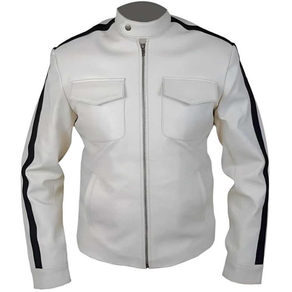 Off-White Blue-Stripe Pure Sheepskin Leather Motorcycle Jacket For Men