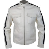 Off-White Blue-Stripe Pure Sheepskin Leather Motorcycle Jacket For Men