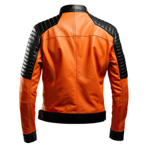 Winter Orange Cafe Racer Quilted Pure Sheepskin Leather Jacket For Men