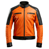 Winter Orange Cafe Racer Quilted Pure Sheepskin Leather Jacket For Men