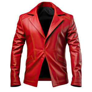 Red Genuine Sheepskin Notch Lapel Collar Blazer Leather Jacket For Men