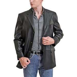 Solid Black Formal Slim-Fit Genuine Sheepskin Leather Coat For Men